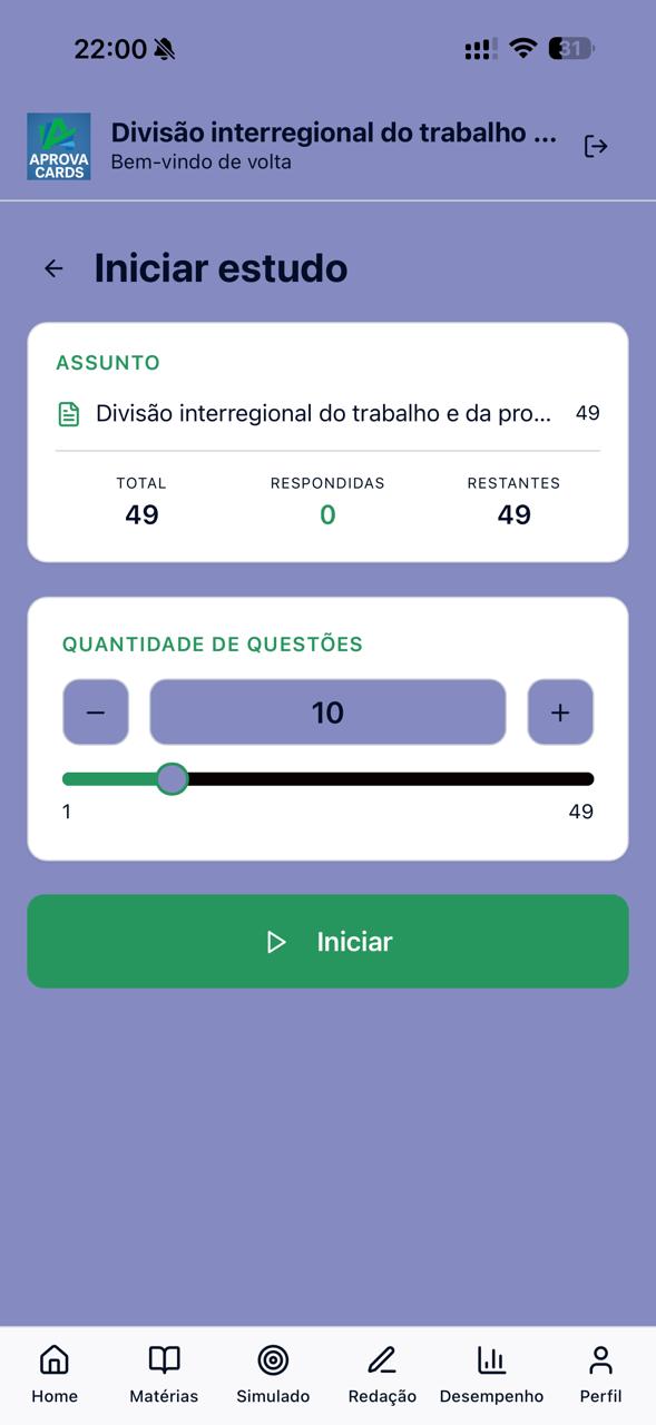 Tela do APROVA CARDS para escolher um assunto e definir a quantidade de questões.