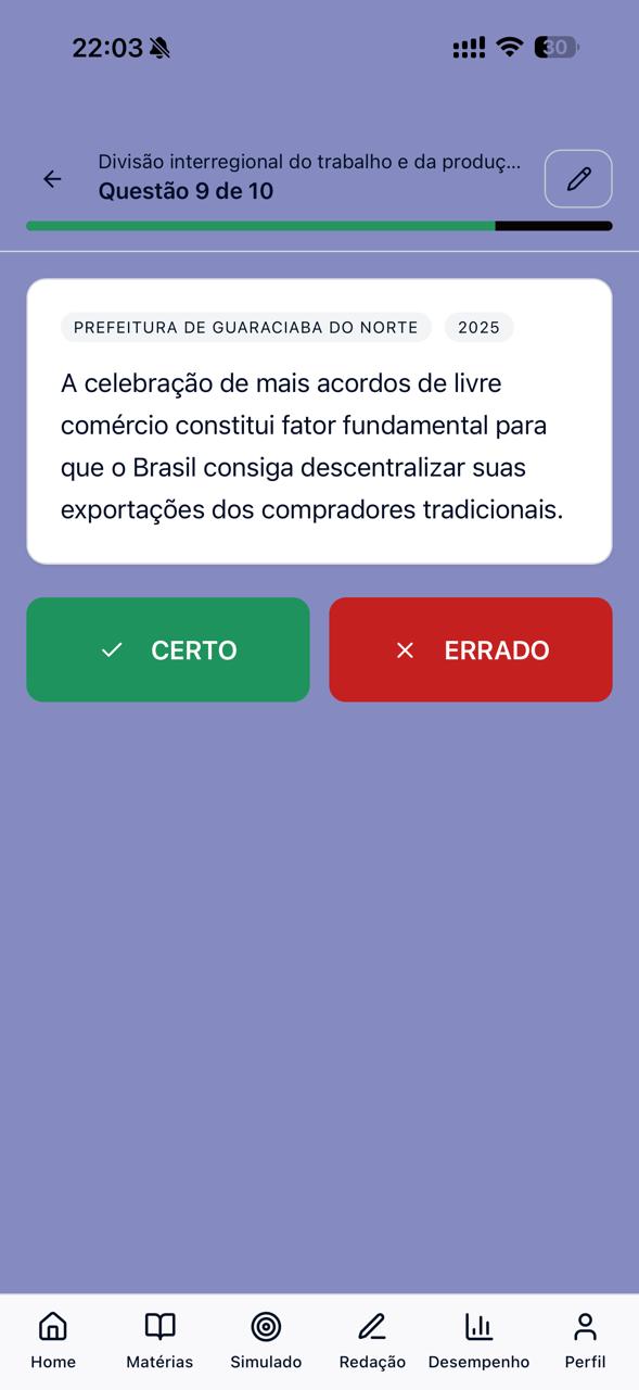 Questão no formato CERTO ou ERRADO dentro do aplicativo APROVA CARDS.