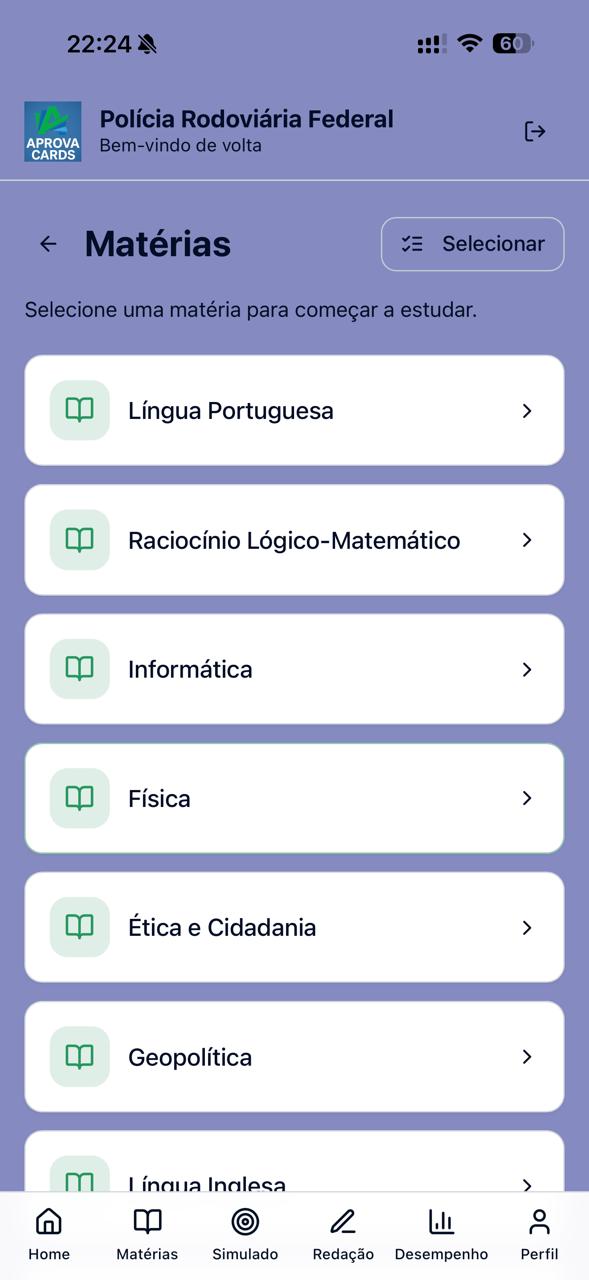 Tela de matérias do APROVA CARDS exibida em um celular.