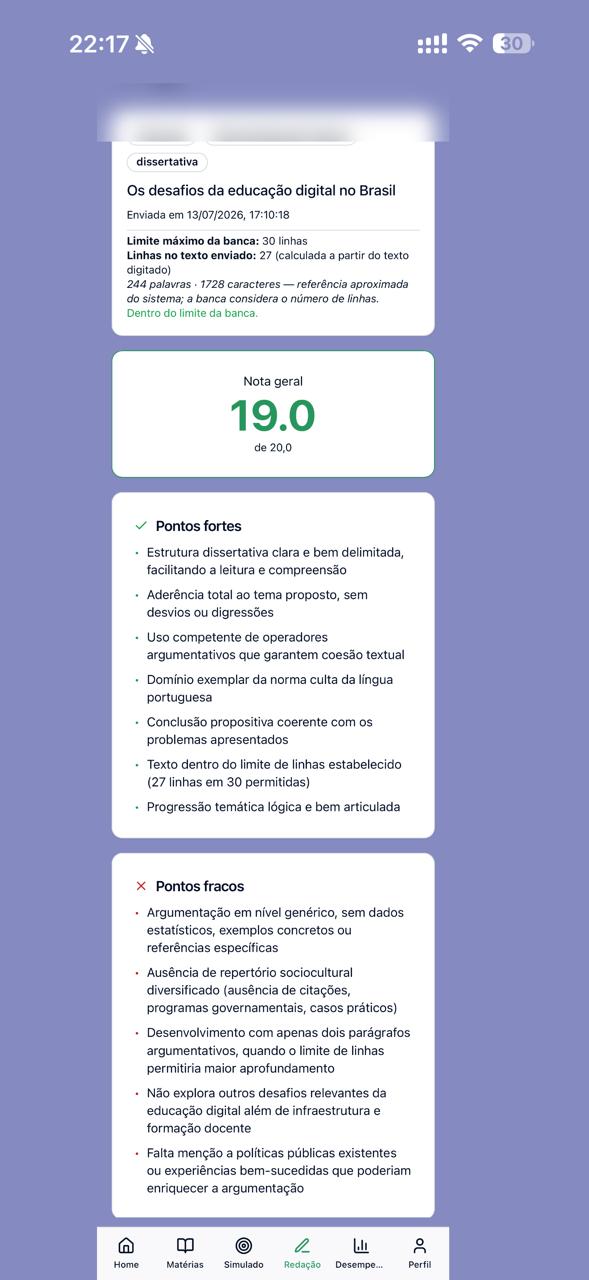 Tela de análise de redação do APROVA CARDS com pontos fortes, pontos que precisam de melhoria e orientações.