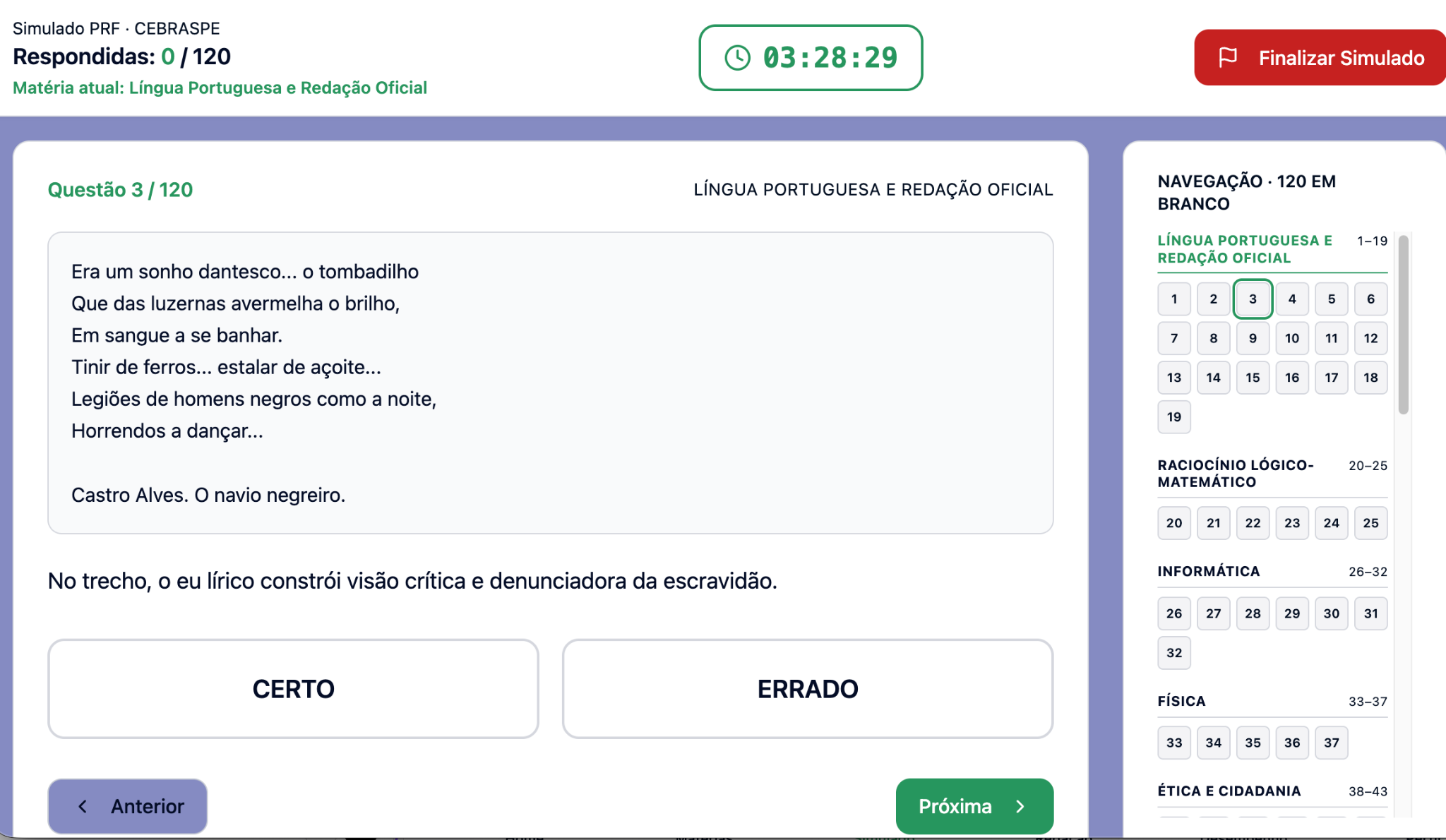 Simulado do APROVA CARDS exibido em um computador.