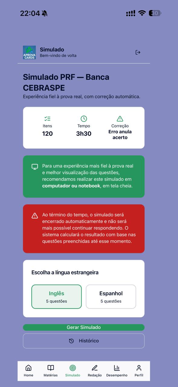 Tela inicial de configuração de um simulado com 120 questões no aplicativo APROVA CARDS.