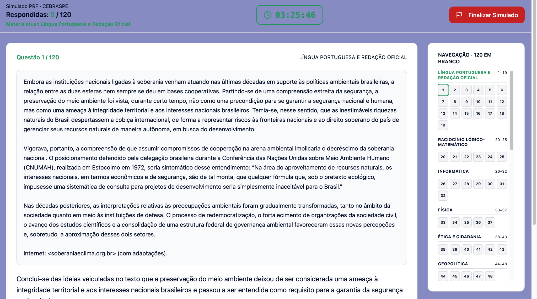 Tela de simulado do APROVA CARDS exibindo questão acompanhada de texto-base completo.